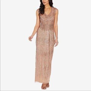 NEW Adrianna Papell Rose Gold cowl neck beaded Column Gown size 12 evening gown